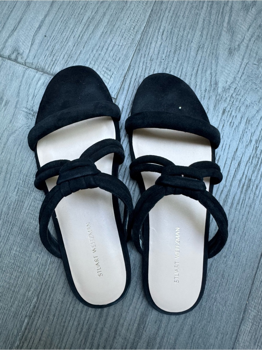 Stuart Weitzman Black Suede Knotted Strap Slide Mules—Size 5
